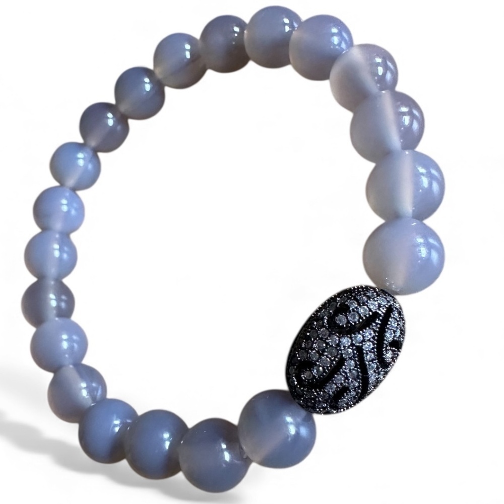 Polished 8mm Chalcedony Stretch Bracelet w/ Jet Crystal Pave Filigree Spacer